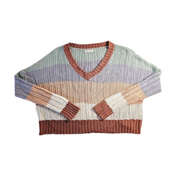 Aeropostale Womens Striped V Neck Sweater Chunky Multicolor Orange Pastels M - Picture 1 of 6